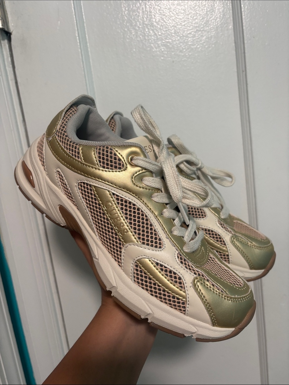 Guess Women's Metallic Sage and Beige Lace-Up Athletic Sneakers